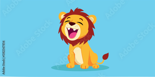 cheerful cartoon lion sitting and laughing joyfully
