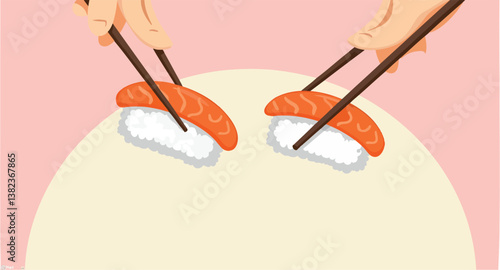 two pieces of salmon nigiri sushi being lifted with chopsticks