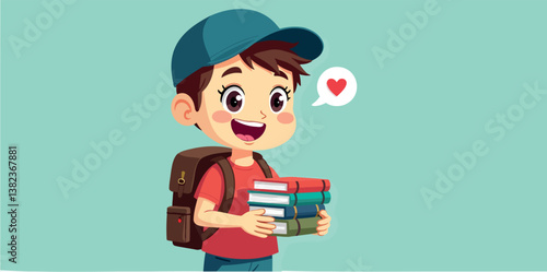 cheerful boy carrying a stack of books expressing his love for reading and learning.