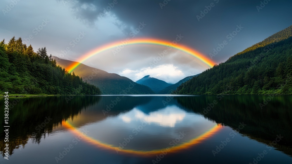 Breathtaking Double Rainbow Over Serene Mountain Lake at Dusk with Dramatic Sky Features Breathtaking Double Rainbow Over Serene Mountain Lake at Dusk with Dramatic Sky Features