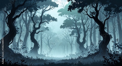 Dark forest with twisted trees and fog anime cartoon style illustration artwork design background