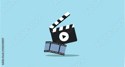 film reel and clapperboard with play button indicating movie production