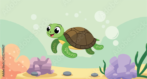 cheerful cartoon sea turtle swims happily in a vibrant underwater scene