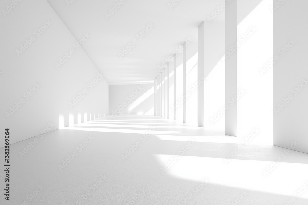 Fototapeta premium Walking Through White Hallway with Sunlight and Pillars Perspective View