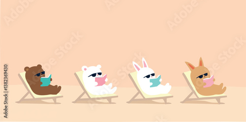 four animals wearing sunglasses relaxing on beach chairs while reading books