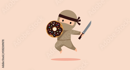 playful ninja character leaps with donut shield and knife