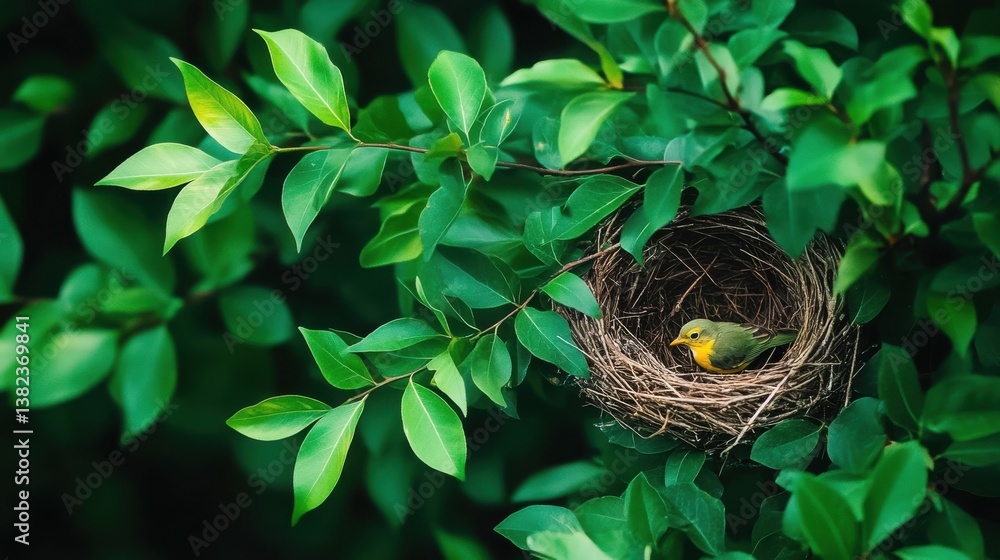 Nesting Bird Surrounded by Lush Green Leaves in Natural Habitat Nesting Bird Surrounded by Lush Green Leaves in Natural Habitat