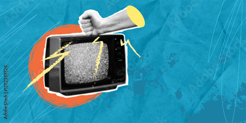 Vintage halftone collage of television receiver with grainy texture. Turn off your TV. Kill it.man's hand punching TV screen.Vector illustration isolated on transparent background