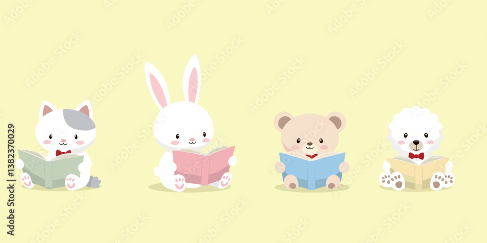 four adorable animals—a cat rabbit bear and dog—engrossed in reading books four adorable animals—a cat rabbit bear and dog—engrossed in reading books
