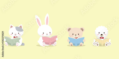 four adorable animals—a cat rabbit bear and dog—engrossed in reading books