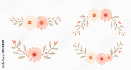 four delicate floral arrangements in pink and cream
