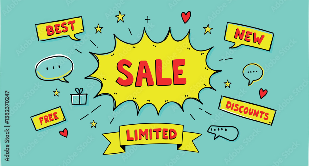 limited time sale announcement with speech bubbles and bright colors