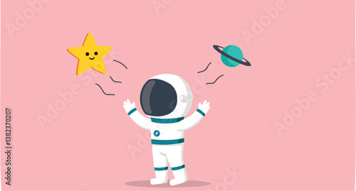 cheerful astronaut reaching for star and planet in space