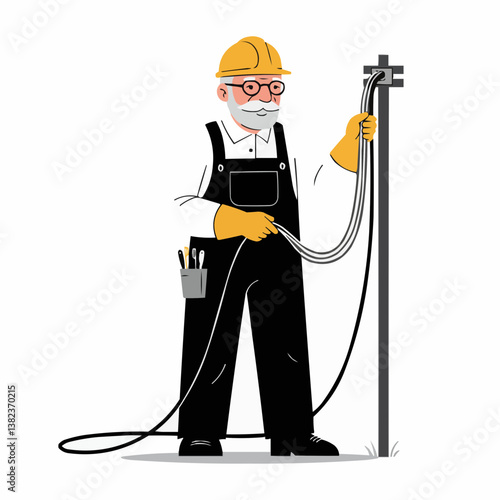 Elderly electrician working with wires against a plain background  
