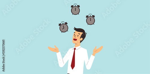 businessman expertly juggling three alarm clocks symbolizing effective time management