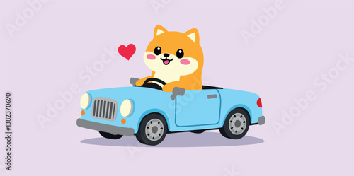 happy shiba inu dog driving a light blue vintage car