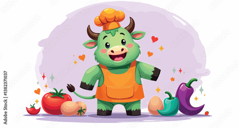 happy green bull chef with fresh produce happy green bull chef with fresh produce