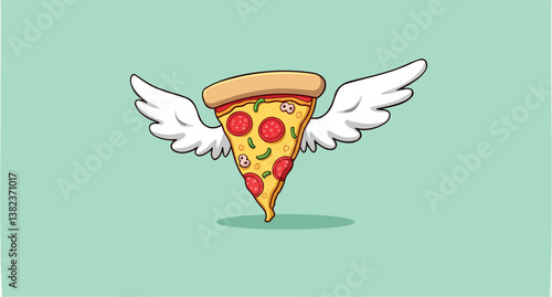 pizza slice with wings playfully taking flight