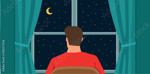 man gazes out a window at a night sky filled with stars and a moon