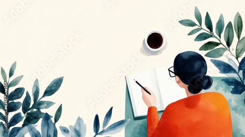 Colorful Watercolor Illustration of a Person Writing Surrounded by Leaves and Coffee