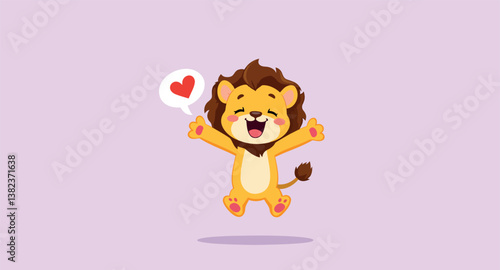 joyful yellow lion cub leaps with a heart speech bubble