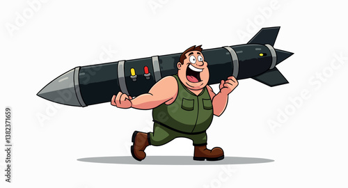jovial cartoon man carries a large dark-gray missile on his shoulder