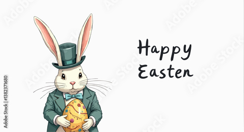 charming white rabbit in a top hat holding a decorated easter egg