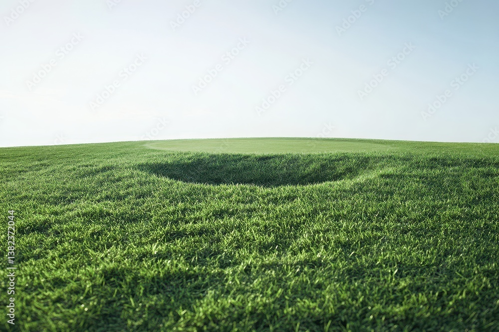 Unique Green Landscape with a Shallow Depression in a Lush Grass Field Under Clear Sky Unique Green Landscape with a Shallow Depression in a Lush Grass Field Under Clear Sky