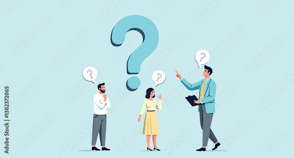 three colleagues contemplate a large question mark discussing solutions to a problem three colleagues contemplate a large question mark discussing solutions to a problem