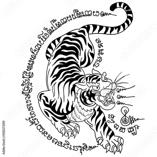  Vector graphic of a stylized tiger yantra with Thai lettering. Thai text translation: protection and blessings