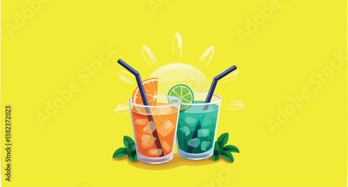 two refreshing summer drinks in glasses with ice garnished with citrus and mint