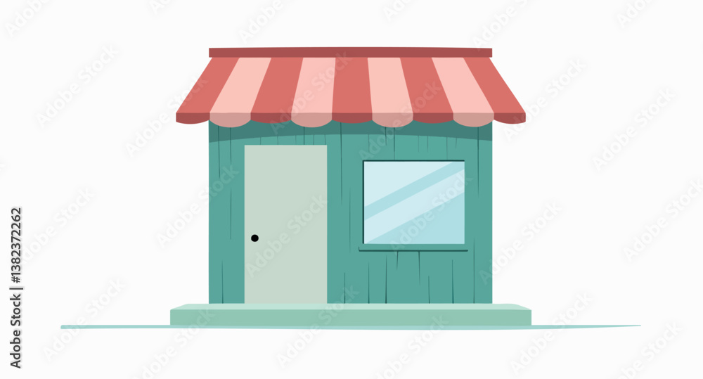of a charming teal storefront with a red and pink striped awning