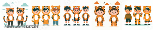 a set of vectors of boys wearing tiger costumes