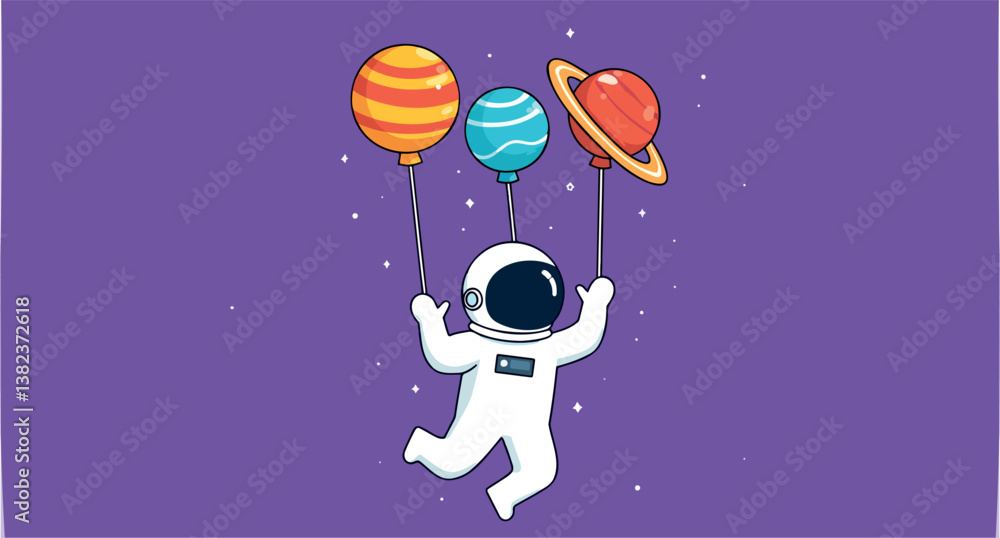 Naklejka premium cheerful astronaut in space holding colorful planet balloons