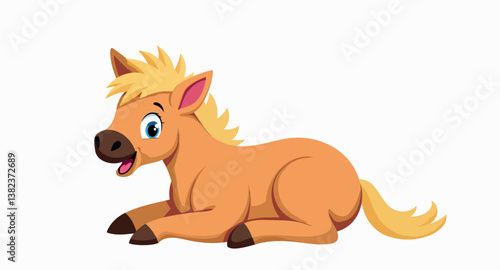 adorable light brown foal lying down with a cheerful expression