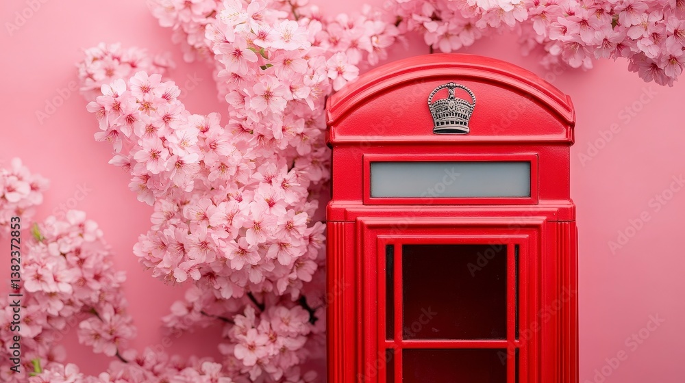 Obraz premium Vibrant Red Traditional Telephone Booth with Cherry Blossoms on Pink Background