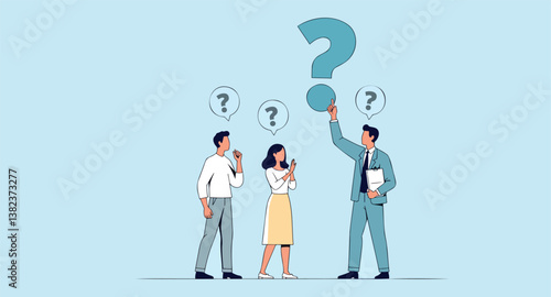 man presenting solutions to two women while pointing at a question mark
