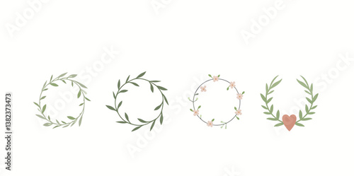 four charming wreaths with floral and leaf details in soft green and pink hues