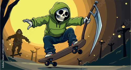 cartoon skeleton in a hoodie skillfully rides a skateboard at sunset.