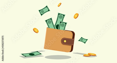 tan leather wallet overflowing with green paper bills and gold coins