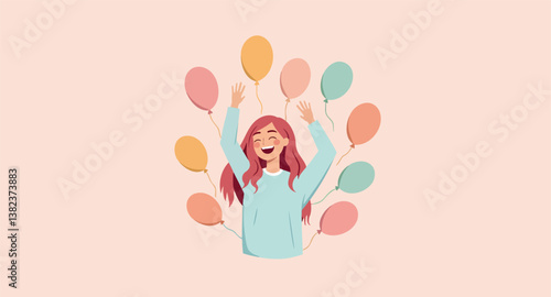 happy woman celebrates with pastel balloons