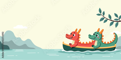 two friendly dragons enjoy a boat ride on a calm lake