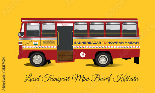 Digital illustration of a classic Kolkata mini bus, popularly used for daily commuting across the city.The iconic red and yellow combination reflects the nostalgic charm of Kolkata’s public transport.