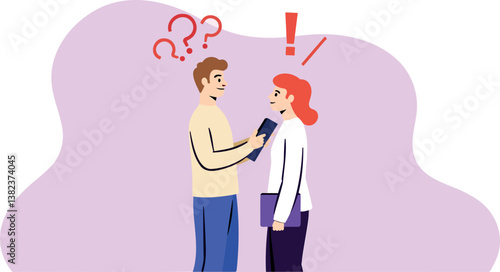 man is giving a document to a woman in a moment of information exchange.