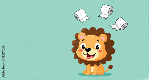 cheerful lion cub surrounded by floating toilet paper rolls