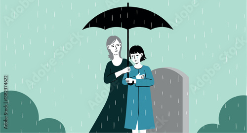 woman comforts a grieving woman under an umbrella in the rain near a tombstone
