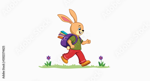 happy cartoon rabbit carrying books on its way to school