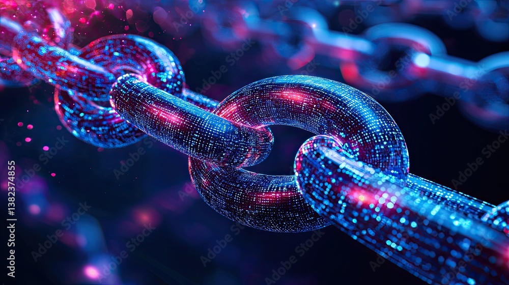 Digital chain links glow with blue and red cybernetic energy Digital chain links glow with blue and red cybernetic energy