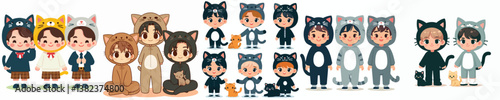 a set of vectors of boys wearing cat costumes