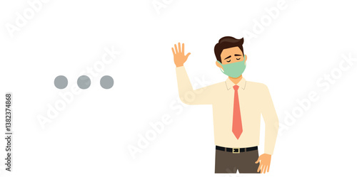 man wearing a face mask waves hello in a friendly gesture.